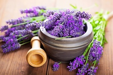 Obraz na płótnie Canvas lavender flowers arranged in a wooden mortar with pestle
