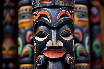the close-up detail of a tribal totem pole