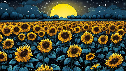 Vast field of yellow sunflowers with a giant moon at night.