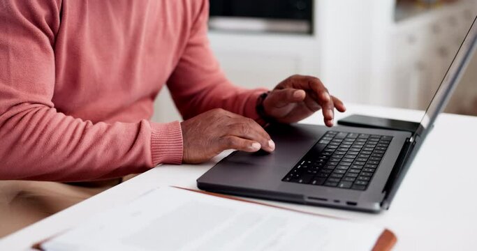 Hands, typing on laptop and documents for home budget, financial planning and asset management research. Freelance worker or person on computer with paperwork, taxes and registration or information