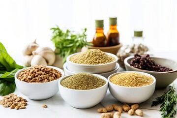 herbs and grains in bowls on a white table