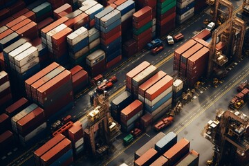 Overhead perspective of stacked containers at the terminal, unpacking in a rail warehouse using cranes and forklifts. Generative AI
