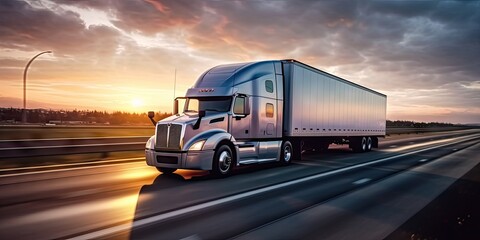 Sunset view. Long trucking on open road. Freight transportation at dusk. Semi truck on highway. Truckers at sunrise. Cargo shipping on interstate