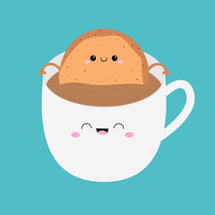Cookie taking a bath in a coffee mug. Cookies and cup. Cute face set. Pink cheeks, eyes, mouth. Kawaii funny food character. Smiling tasty snack. Flat design. Blue background. Isolated.