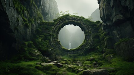 Ancient round stone portal gateway, monolithic ruins structure undiscovered for millennia, situated in remote misty mountains, fantasy dimensional rift going to unknown worlds. 