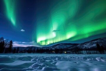 green northern lights over a snow-covered landscape