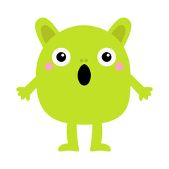 Cute monster green head face icon. Happy Halloween. Eyes, tongue, ears, hands, cheeks. Cute cartoon kawaii scary funny baby character. Flat design. White background. Isolated.