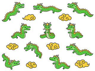 輪郭線つきの緑色の龍と金の雲のイラストセット