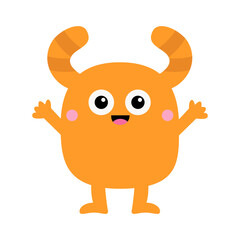 Cute monster orange face head icon. Happy Halloween. Eyes, horns, tongue, hands, cheeks. Cute cartoon kawaii scary funny baby character. Flat design. White background. Isolated.