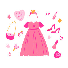 Pink dolls set accessories and clothing. Cute pink icons collection - shoes, dress,  bag, mirror. Vector Vector illustration.