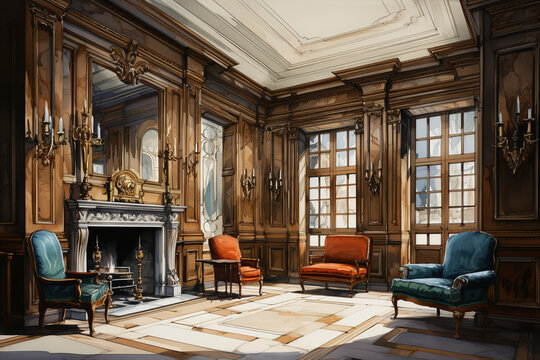 Perspective of a luxury room with fireplace and wooden wall paneling interior design in watercolor.	