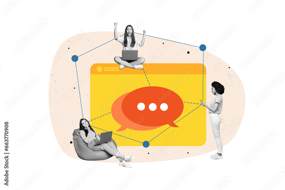 Poster composite creative photo collage of girls chatting in app by laptop smartphone working on project is