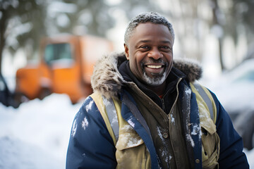 Winter Smile, Portrait of a Joyful African American Sanitation Worker Embracing the Snow - obrazy, fototapety, plakaty
