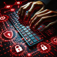 Fototapeta premium Man typing on keyboard. Hacking, Cyber Security and Data Protection activity. Red icons.