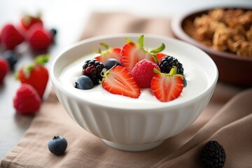 a bowl of greek yogurt with granola and berries
