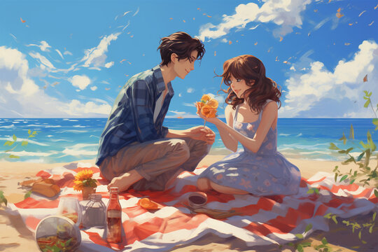 anime style illustration, a couple of lovers picnic on the beach