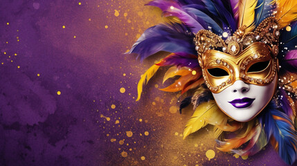 Mardi gras carnival mask background with copy space. AI