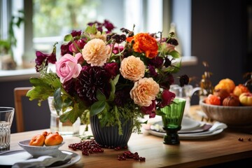 bouquet of seasonal flowers arranged on a holiday table setup