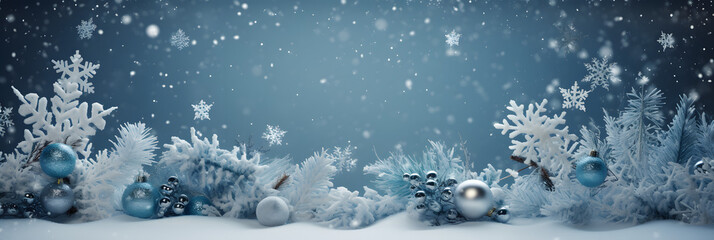 Blue and white Christmas banner with ornaments and snow flakes against blue backdrop