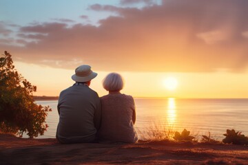 senior couple looking at sunset on vacation. Happy retirement and long marriage concept. - obrazy, fototapety, plakaty