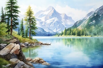 Watercolor painting of lake in Alps mountain. Generative AI