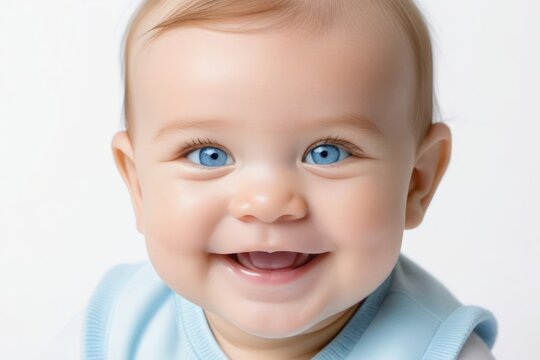 Beautiful sweetheart happy cute smiling baby girl with blue eyes on light background. Generative AI