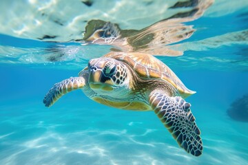 close-up of a sea turtle swimming in clear, clean ocean water