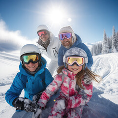 Happy gay couple with adopted children skiing on the slope of a snowy mountain. Fathers with children