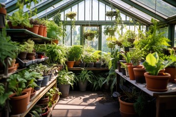 greenhouse filled with various potted plants