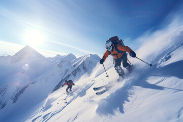 Fototapeta na wymiar Two skiers skiing on a snowy slopeon a sunny day