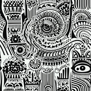 Cat zentangle doodle black and white monochrome repeat pattern