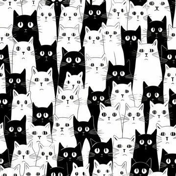 Cat zentangle doodle black and white monochrome repeat pattern