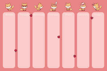 Weekly cute foxes calendar. Pink weekly planner template for girls. Kawaii organizer with cute foxes in different poses. Vector illustration - 663773398