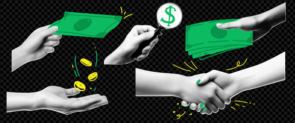 Set of hand elements with money for collages. Halftone effect. Retro illustration on business theme with handshake and magnifying glass and doodles coins and dollars. 