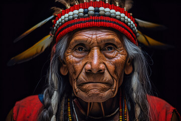 Senior Amerindian Wearing Traditional Clothing And Headwear. Native Indigenous American Indian Man Portrait. Ai Generated
