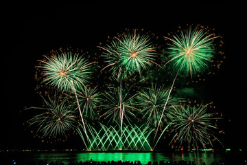 Fototapeta premium Real Fireworks at Pattaya bay, Pattaya national Fireworks Festival contest, November of every Year, Beautiful of bright light fireworks Show in middle sea, for postcard wallpaper background,