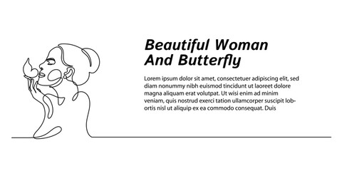 Continuous line art. beautiful woman and butterfly hand drawn minimalist design for web banners, advanced pages, simple for business and beauty purposes. Modest editable strokes