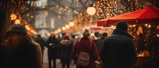 Winterliche Freuden: Weihnachtsmarkt mit Glühweinständen und festlicher Dekoration - obrazy, fototapety, plakaty