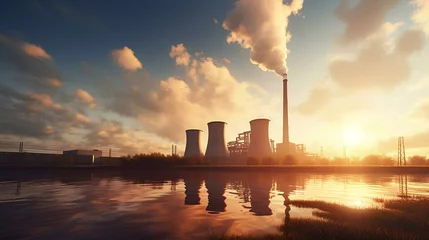 Fotobehang Nuclear power plant on the background of sunset, energy industry. © Vadim
