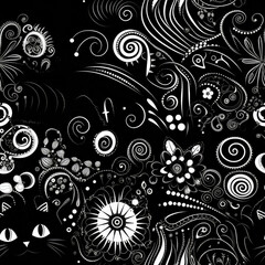 Cat zentangle doodle black and white monochrome repeat pattern