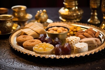 arabic sweets and pastries on a gold platter - obrazy, fototapety, plakaty