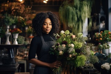 A black female florist in the workplace smiles with flowers.
