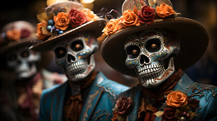 personnages déguisé avec des masque de tête de mort pour halloween ou día de los muerto - obrazy, fototapety, plakaty