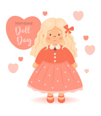 Doll Day. Cute children toy doll curly blondie girl in red dress. International holiday. Vector illustration. Greeting romantic card in cartoon style. Day of blonde. Kids collection.