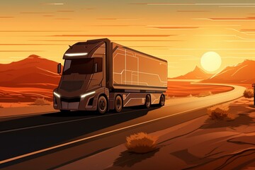 Illustration of solar-powered truck driving on road. Generative AI