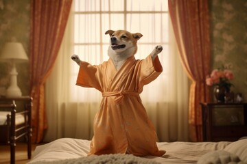 adorable canine in robe dancing in bedroom. Generative AI