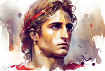 Watercolour painting of Alexander the Great who was the son of Phillip II the king of Macedonia who became a great brave military leader, computer Generative AI stock illustration - obrazy, fototapety, plakaty