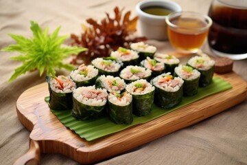 maki rolls with raw tuna and cucumber on a bamboo mat