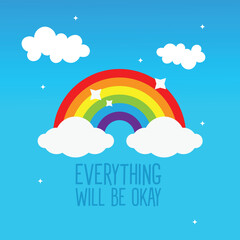 Colorful rainbow with clouds on blue background