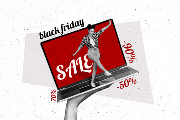 Minimal art collage illustration of young funky girl dance on black friday website notebook display click buy isolated on white background